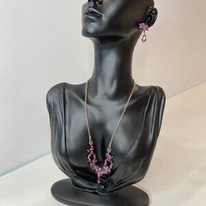 Vintage Silver Necklace &Earring Set Purple Floral Rhinestones Teardrop Gems